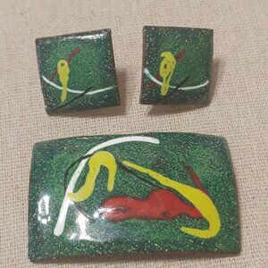 Vintage Pin/brooch and Earrings Copper and Green Enamel abstract Painting style